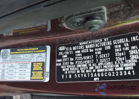 2012 Kia Sorento Lx from USA, damaged, VIN 5XYKT3A66CG223341